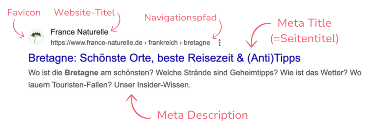 Beispiel für ein SERP Snippet mit Favicon, Website-Titel, Navigationspfad, Meta Title (=Seitentitel) und Meta Description